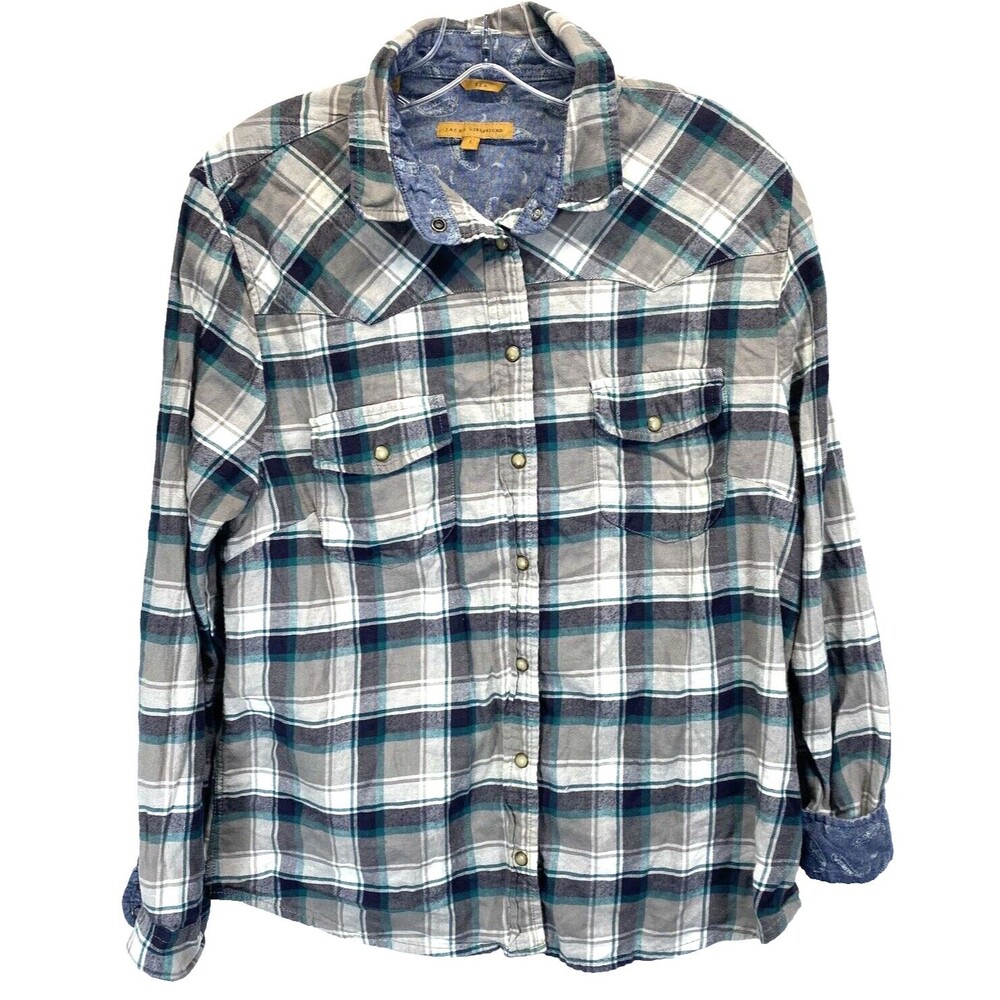Jachs Girlfriend Shirt Womens Large Bea Flannel Contrast Cuff Plaid Pearl Snap